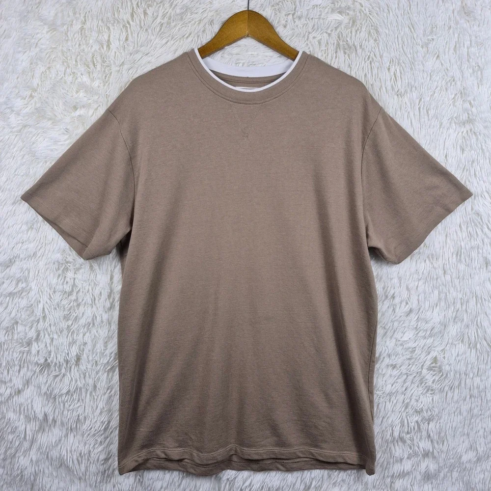 Public Supply NYC Men XL Relaxed Layered Neck T-Shirt Tan Brown Neutral